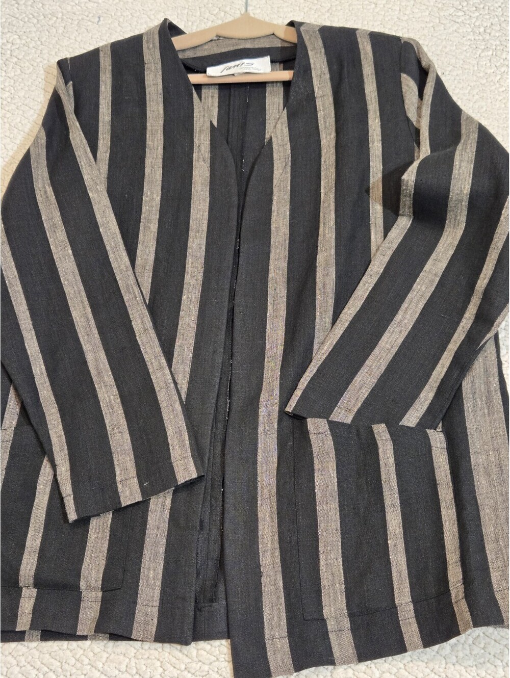 Janis By Janis Siegel Wide Stripe Blazer Black Taupe Linen Blend Steampunk Sz XL
